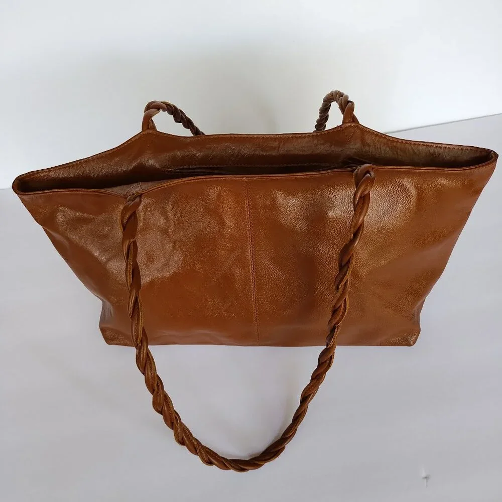 Latico Women's Brown Glossy Leather Tote Bag Purse With Braided Handles - Picture 8 of 16